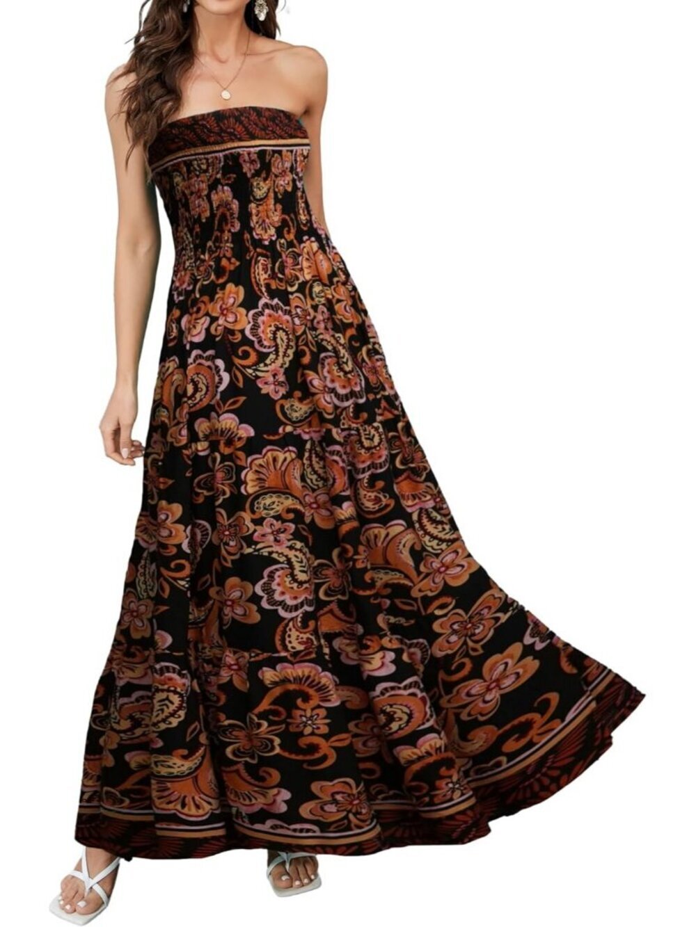 Women's Black Orange Strapless A Line Tube Top Backless Casual Sun Maxi Dress